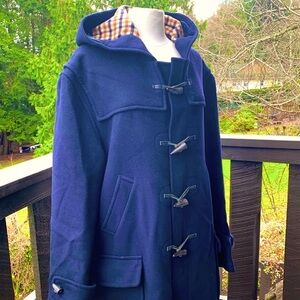 Aquascutum Men’s Wool DUFFLE Coat 44 XL Hood PLAID Lining 90’s Overcoat BLUE